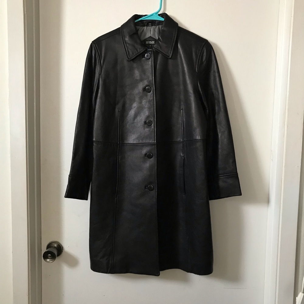 111 State Black Leather Button Trench Jacket Coat